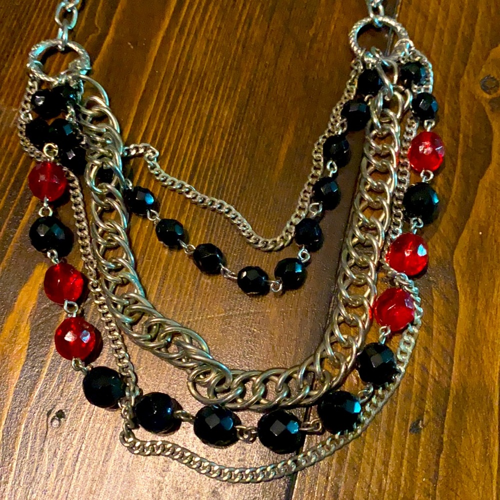 Vintage Statement Necklace 5 stand Glass Beads & Metal silver tone